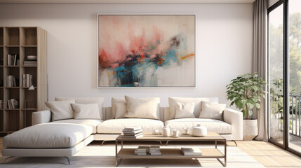 beautiful living room interior with white sofa and paintings. AI generated.