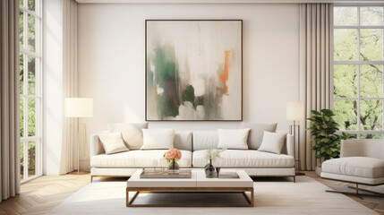 Fototapeta premium beautiful living room interior with white sofa and paintings. AI generated.