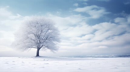 Beautiful winter landscape with a lonely snow-covered tree. AI generated.