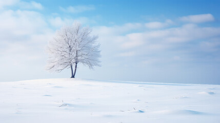 Fototapeta na wymiar Beautiful winter landscape with a lonely snow-covered tree. AI generated.