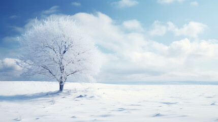 Beautiful winter landscape with a lonely snow-covered tree. AI generated.