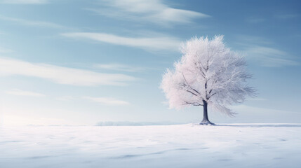 Beautiful winter landscape with a lonely snow-covered tree. AI generated.