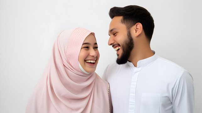 happy mouslim couple white background