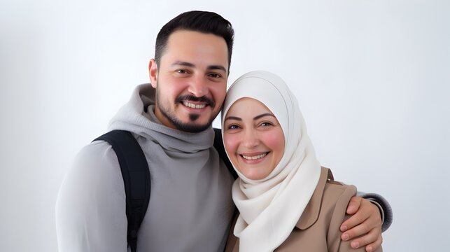 happy muslim young couple white background