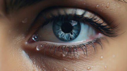 Sad woman concept - closed eyelid closeup with a teardrop on eyelashes. A tear on eyelashes macro close-up. A tear runs down his cheek. Tinted blue. - obrazy, fototapety, plakaty