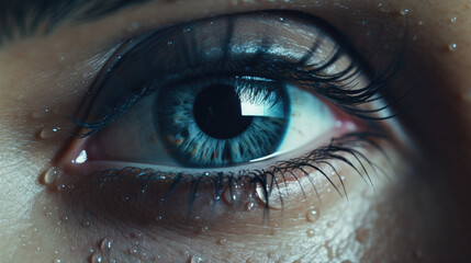 Sad woman concept - closed eyelid closeup with a teardrop on eyelashes. A tear on eyelashes macro close-up. A tear runs down his cheek. Tinted blue.