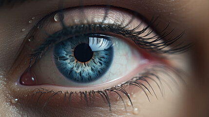 Fototapeta premium Sad woman concept - closed eyelid closeup with a teardrop on eyelashes. A tear on eyelashes macro close-up. A tear runs down his cheek. Tinted blue.