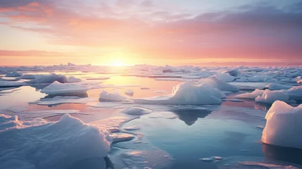 Fotobehang Winter background with beautiful ice floes in a harsh winter landscape with sunset lighting. AI generated. © Oulailux