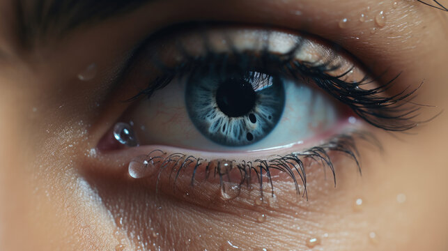 Sad woman concept - closed eyelid closeup with a teardrop on eyelashes. A tear on eyelashes macro close-up. A tear runs down his cheek. Tinted blue.