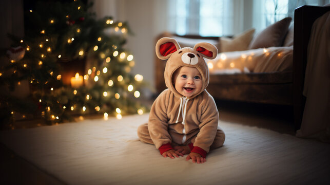 クリスマスツリーとソファーの前で、楽しそうなかわいい笑顔でトナカイの着ぐるみをきている赤ちゃんの写真