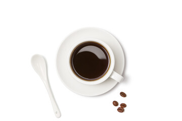 Black coffee and coffee beans on white background