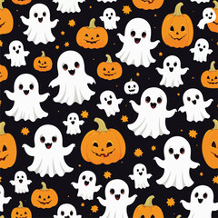 Cute halloween ghosts and pumpkins repeating pattern in vestor illustration. Ghosts in the Pumpkin Grove