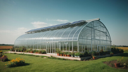 Fototapeta na wymiar Panoramic view of beautiful modern greenhouse with photovoltaic solar panel in countryside