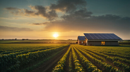 Beautiful field of photovoltaic solar panels in countryside at sunset