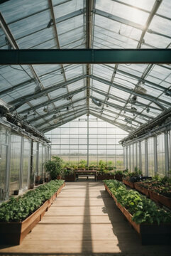 Vertical image of the interior of a beautiful modern greenhouse in the countryside

