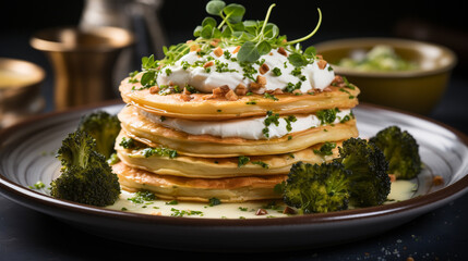 A stack of broccoli and goat cheese tarts UHD wallpaper Stock Photographic Image - obrazy, fototapety, plakaty