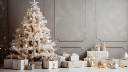 ゴールドと白い大きいおしゃれなクリスマスツリーの下にたくさんの白いギフトボックス