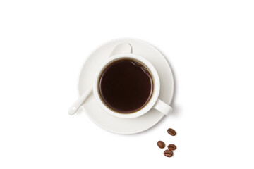 Black coffee and coffee beans on white background