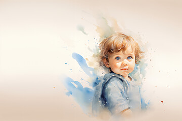 水色の服を着た金髪の幼児が振り返っている水彩画