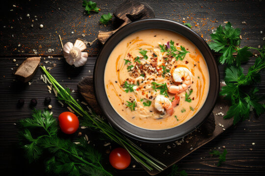 Closeup of creamy lobster and shrimps bisque soup with grilled prawn and dill in white bowl