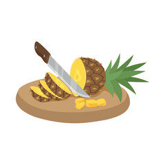 Cutting board, knife and pineapple on white background