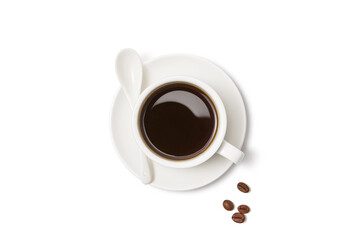 Black coffee and coffee beans on white background