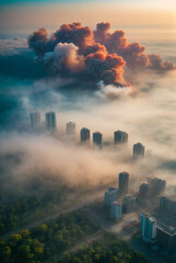 Aerial view of an industrial zone in a city, layer of pollution over a metropolitan city, concept of climate change and environmental pollution