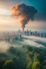 Aerial view of an industrial zone in a city, layer of pollution over a metropolitan city, concept of climate change and environmental pollution