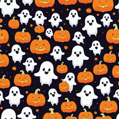 Cute halloween ghosts and pumpkins repeating pattern in vestor illustration. Spooky Ghostly Harvest