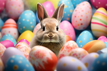 Fototapeta na wymiar Little Bunny In room full of Easter Eggs - Easter Card