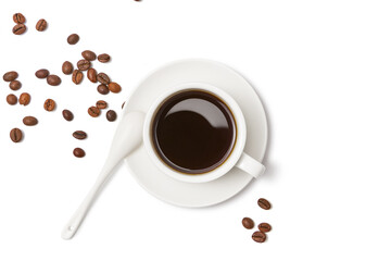 Black coffee and coffee beans on white background