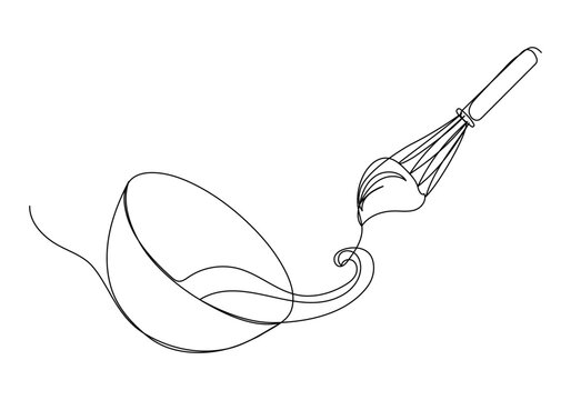 Whipped cream in a bowl in continuous one line art style. Simple vector illustration