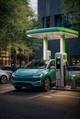 Car charging of electric vehicles, Efficient charging for the future Fast and modern chargers for electric vehicles ready to power cars in the city
 - obrazy, fototapety, plakaty