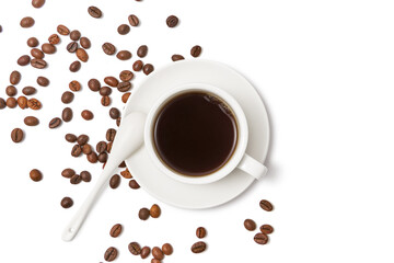 Black coffee and coffee beans on white background