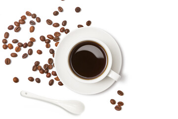 Black coffee and coffee beans on white background