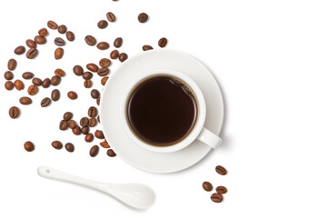 Black coffee and coffee beans on white background