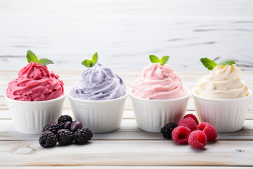 Different sorts of ice cream or frozen yogurts on bright wooden background - Powered by Adobe