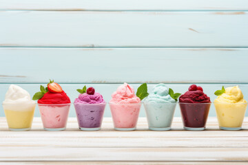 Different sorts of ice cream or frozen yogurts on bright wooden background