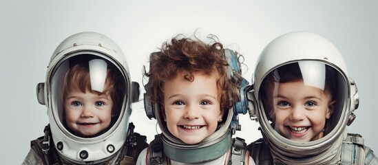 Children in space suits pretending to be astronauts posing for the camera With copyspace for text