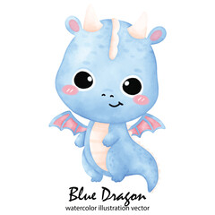 Cute Blue Dragon, Dragon, watercolor, illustration vector, Year of the Dragon