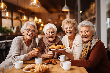 Old ladies have a fun at cafeteria - obrazy, fototapety, plakaty