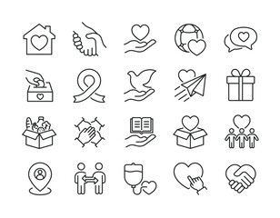 Fototapeta premium Charity, donate line icons. Editable stroke. For website marketing design, logo, app, template, ui, etc. Vector illustration.