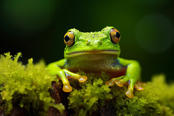 Capturing a Gleeful Moment  Close-up of a Gliding Frog, Almost Laughing, Perched on Moss in the Indonesian Forests