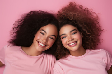 Close up photo of cute charming ladies fellows fellowship happy smiling to the camera curly haircut long modern trendy stylish clothing isolated pink background