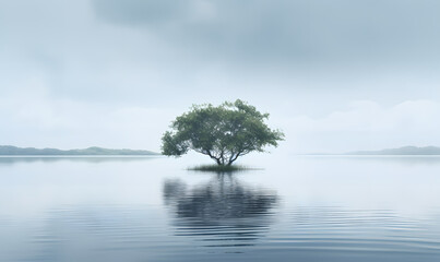 A tree in the middle of a lake in overcast sky