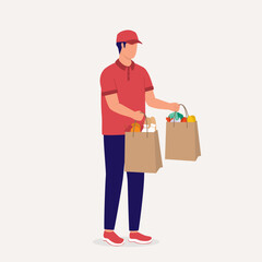 One Delivery Man Passing The Groceries Bag. Full Length. Flat Design.