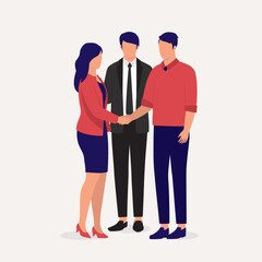 Fototapeta premium Young Couple Shake Hands When Meeting With A Mediator To Resolve Issues In Their Divorce. Full Length. Flat Design.