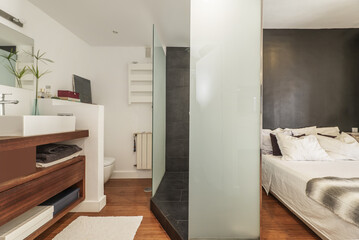 Fototapeta na wymiar Bathroom with white porcelain sink under a mirror suspended on a brown wooden cabinet, shower cabin with tempered glass next to an en-suite bedroom