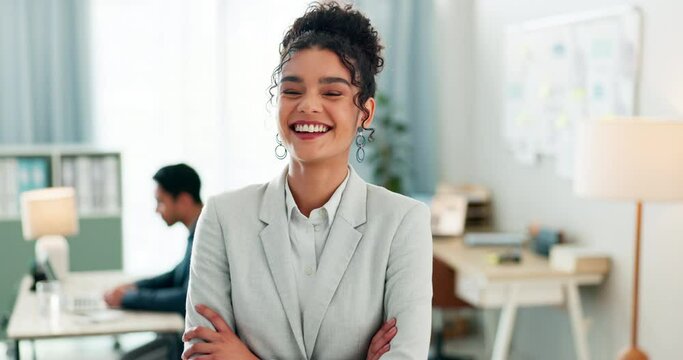 Portrait of woman with smile, confidence and coworking space, manager for online research and consulting agency. Office, happiness and businesswoman with arms crossed, leader and entrepreneur at work