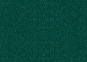 Hand-drawn unique abstract symmetrical seamless ornament. Bright semi transparent green on a deep cold green background. Paper texture. Digital artwork, A4. (pattern: p11-1b)
